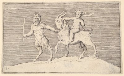 Satyr Leading Goat som ett spädbarn rider på, publicerat ca. 1599-1622. av Unbekannt
