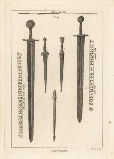 Saxiska vapen: forntida järnsvärd 1,2 och dirks och dolkar 3,4 hittades i floden Wytham, Lincolnshire, och en armborstbult som hittades i lägret i Danbury, Essex 5 av Unbekannt