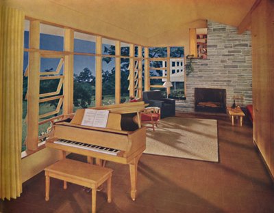 Skalenlig modell av ett stort vardagsrum 25 fot långt i ett modernt hus, designat av Edward D. Stone, av Unbekannt