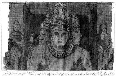 Skulptur på väggen vid den övre änden av grottan, ön Elephanta, Indien, 1799 av Unbekannt