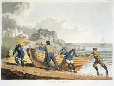Sjömän som drar en klinkbyggd jolle upp på stranden, 1821 av Unbekannt