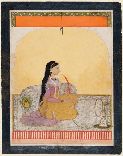 Sittande dam som röker vattenpipa, ca. 1780. av Unbekannt