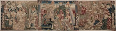 Avsnitt av en broderad fris: Ahasveros och Esther, påven som strider mot kejsaren, 1625-1649. av Unbekannt