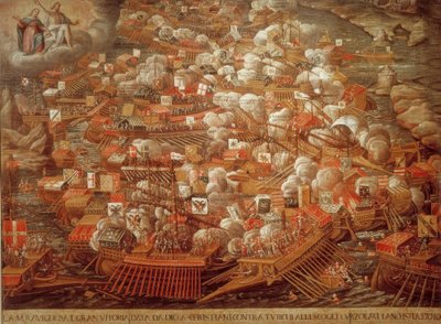 Sjöstrid vid Lepanto 1571 / samtida. av Unbekannt