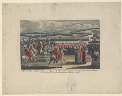 Selim III, turkarnas sultan, välkomnade sin nya infanterigranskning på landsbygden av Unbekannt