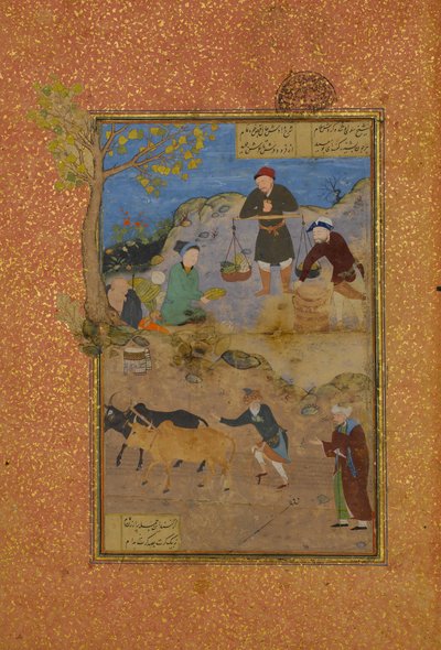 Shaikh Mahneh and the Villager, Folio 49r från a Mantiq al-tair Language of the Birds, 1487. av Unbekannt