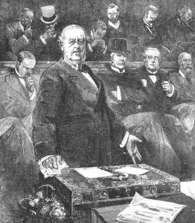 Sir William Harcourt tillkännager Lord Roseberys regerings avgång, 1895, 1901. av Unbekannt