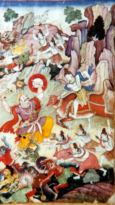 Siva Destroys the Demon and Haka, Harivamsa manuskript, Mughal School, c1590 av Unbekannt
