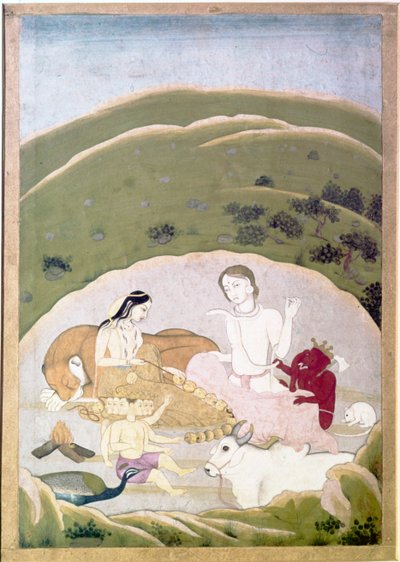 Siva och Parvati med sina barn, Ganesh och Karttikgya på berget Kailash, c1745 av Unbekannt