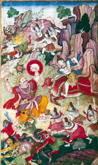 Shiv förstör demonen Andhaka, Harivamsa-manuskript, Mughal, C1590. av Unbekannt