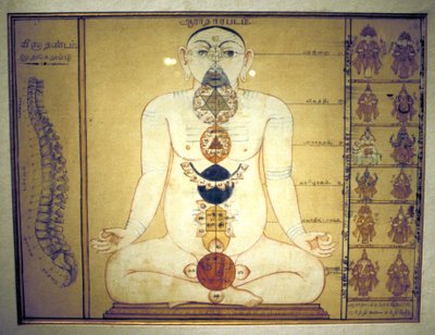 Sex chakran som representerar människokroppens plexus, Tanjore, Tamil Nadu, c1850 av Unbekannt