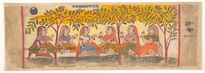 Sex Gopis Sittande Under Trees: Sida från en Dispersed Bhagavata Purana...1600-10. av Unbekannt