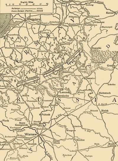 Skisskarta för att illustrera den tyska attacken norr om Warszawa i februari 1915, c1920. av Unbekannt