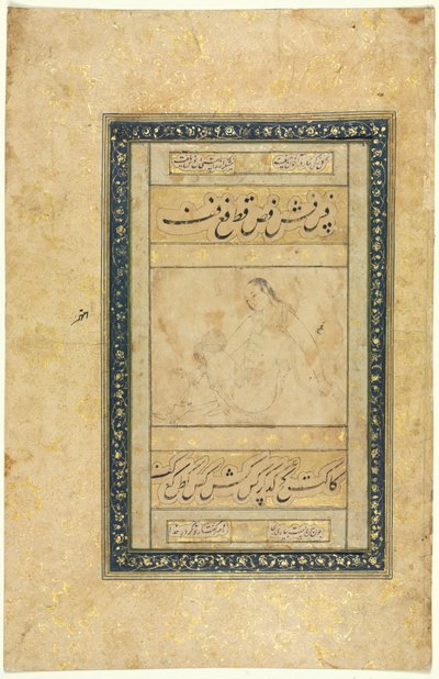 Skiss av en ung man, en sida, Illustration och text Persiska verser, 1630-1650. av Unbekannt