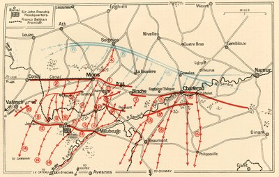 Skiss över chefsverksamheten nära Mons och Charleroi, c1914, c1920. av Unbekannt