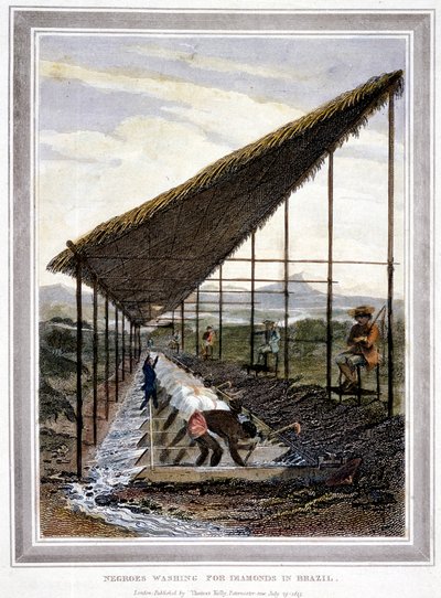 Slavar som tvättar för diamanter som övervakas av handledare med piskor, Brasilien, 1815 av Unbekannt