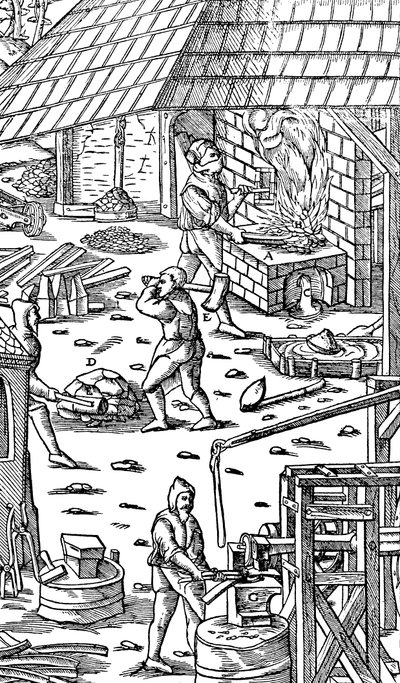 Smältjärn och hammarstänger med en mekanisk hammare, 1556 av Unbekannt