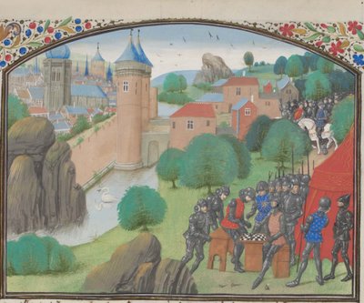 Soldater som spelar tärning framför staden Caesarea. Miniatyr från Historia av William av Tyrus, 1460-talet av Unbekannt