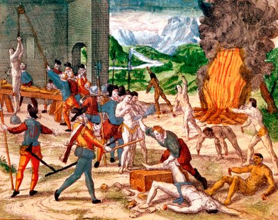 Spanska conquistadorer torterar indianer, 1539-1542 av Unbekannt