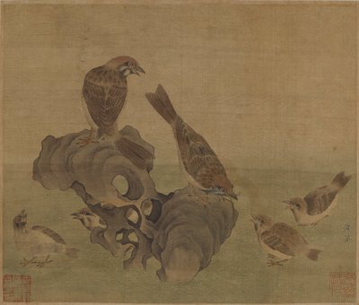 Sparvar som matar sina ungar, Ming- eller Qingdynastin, 1600-talet. av Unbekannt