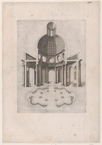 Mirror of Roman Magnificence: Interiör och grundplan av ett åttakantigt tempel, ..., 1500-talet. av Unbekannt