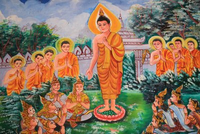 Spridning av Dharma. Buddhas liv. Takkonstverk som visar Buddhas liv. Wat Inpeng. Vientiane. Laos, 20151029, Vientiane, Laos av Unbekannt