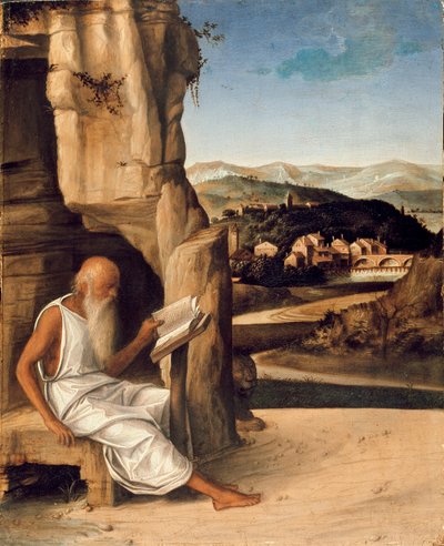St Hieronymus läser i ett landskap, sent 1400-tal av Unbekannt
