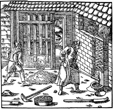 Stämpling och rostning av malm för att utvinna metall, 1556 av Unbekannt