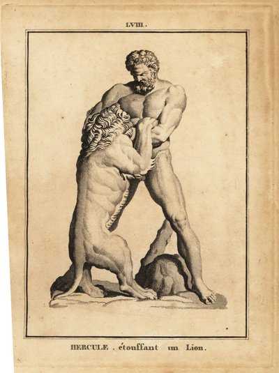 Staty av Hercules, romersk hjälte och gud, som kväver ett lejon av Unbekannt