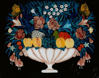 Stilleben - blommor och frukt i vit och rosa skål, 1840-60. av Unbekannt