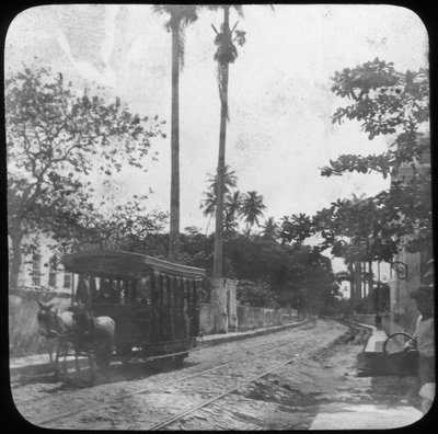 Gatubild med hästdragen spårvagn, Pernambuco, Brasilien, sent 1800- eller tidigt 1900-tal av Unbekannt