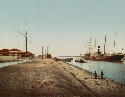 Suezkanalen vid El Qantara, ca 1900 (färgfotokrom) av Unbekannt