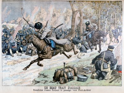 Överraskande attack av ryskt kavalleri på vägen till Port Arthur, rysk-japanska kriget, 1904 av Unbekannt