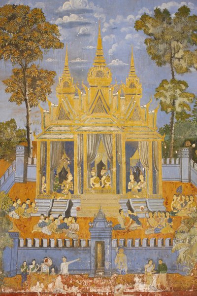 Sylver Pagoda Denna väggmålning visar scener från Reamker som är den kambodjanska eller khmeriska versionen av den klassiska hinduiska dikten Ramayana, Phnom Penh, Kambodja av Unbekannt