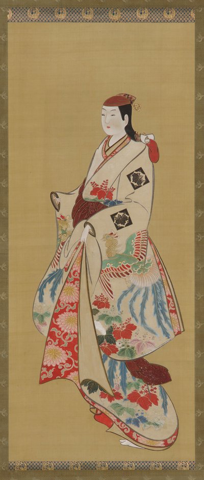 Lång flicka, klänning mönstrad med ho-o fågel och kiri blommor, Edo period, 1615-1868. av Unbekannt