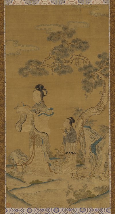 Gobeläng: en daoistisk kvinna odödlig och skötare under en tall, Mingdynastin, 1368-1644. av Unbekannt