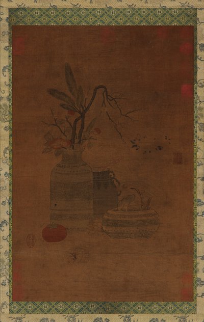 Gobeläng: en skål, två burkar, blommor och frukt, möjligen Mingdynastin, 1368-1644. av Unbekannt