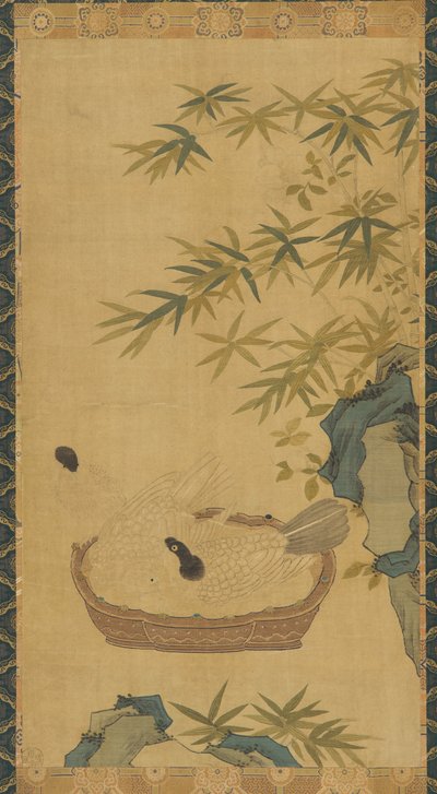 Gobeläng: duvor som badar i en skål, stenar och bambu, möjligen Ming-dynastin, 1368-1644. av Unbekannt