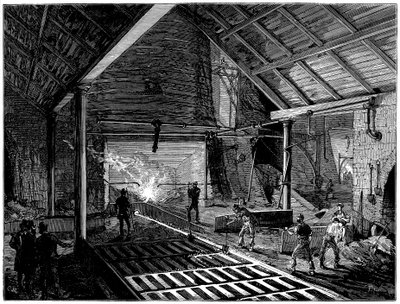 Att knacka på en masugn och köra in smält järn i grisarna, c1885 av Unbekannt