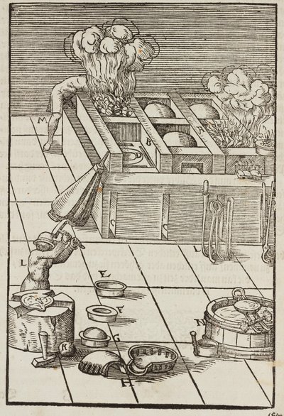 Teknik och instrument för uppvärmning av silvermalm - Gravyr från Description des ores et des main methods d