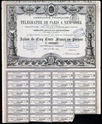 Telegraphy, General Paris-New York Telegraph Share Certificate, 27 mars 1879 av Unbekannt