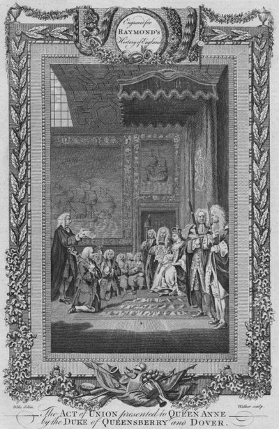 The Act of Union presenterad för drottning Anne av hertigen av Queensberry och Dover, c1787 av Unbekannt