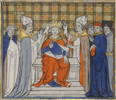Ludvig IV:s smörjelse och kröning i Laon, 19 juni 936. Från Grandes Chroniques de France, 15 av Unbekannt