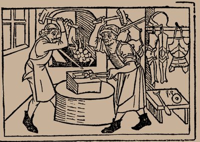 Konsten att smide. Från Speculum Vitae Humanae av Rodericus Zamorensis, 1479. av Unbekannt