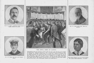 The Awful News at Lloyds, med porträtt av några av dem ombord på Titanic, 20 april 1912. av Unbekannt