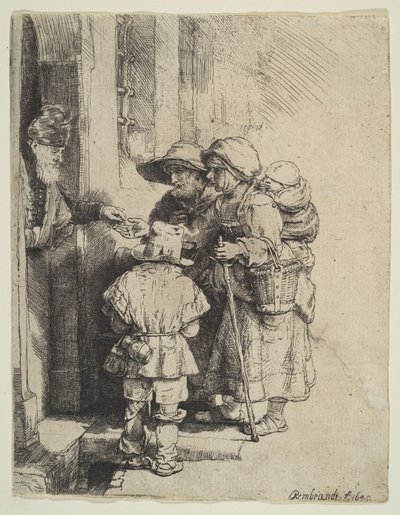 Den blinde Hurdy-Gurdy-spelaren och familjen tar emot allmosor, 1648. av Unbekannt
