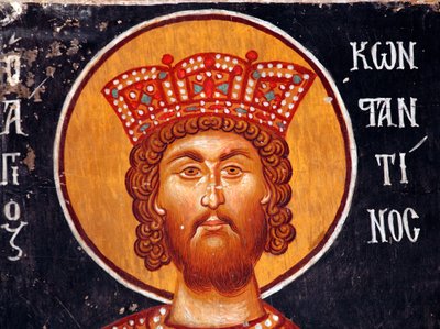 Den bysantinska fresken från 1400-talet (Detalj): Kejsaren Konstantin Väggmålning Mikaels ärkeängelkyrka i Pedoulas Cypern Målade kyrkor UNESCO-plats Troodos, Cypern av Unbekannt