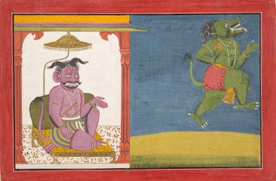 Demonen Hiranyaksha lämnar Demonpalatset... från en Bhagavata Purana-serie, ca. 1740. av Unbekannt