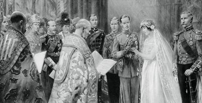 Hertigen av York placerar ringen på Lady Elizabeth Bowes-Lyons finger, 26 april 1923, 1937 av Unbekannt