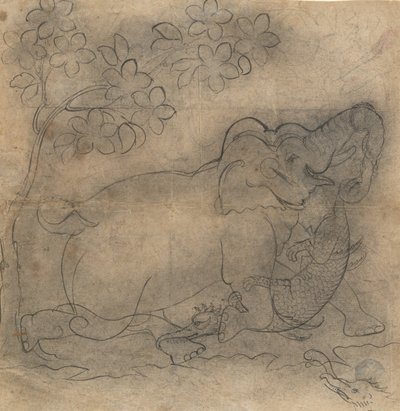 Elefantkungen brottades med en krokodil: Illustration från en Gajendra Moksha-serie, sent 1800-tal. av Unbekannt